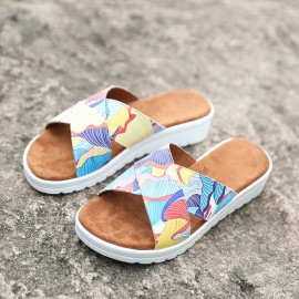 Women Casual Comfy Summer Vacation Colorful Leaf Pattern Outdoor Slippers
