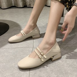 Women Round Toe Solid Color Block Heel Slip On Loafers